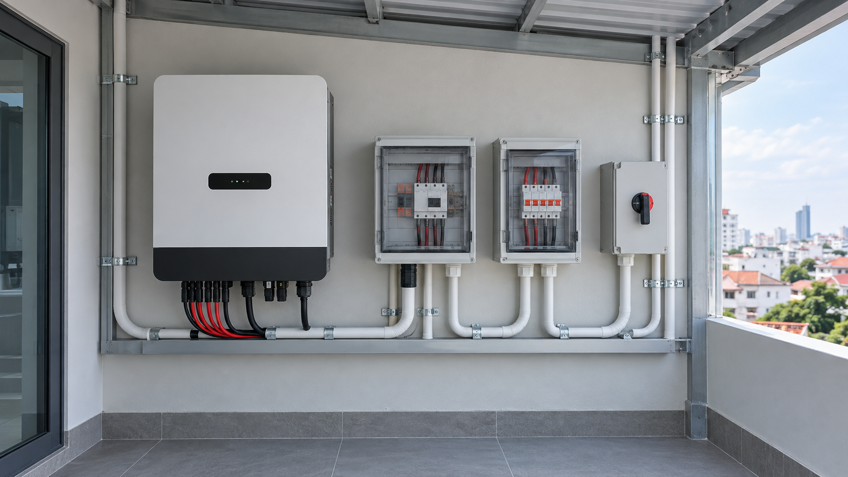 Minh họa inverter và tủ bảo vệ của hệ điện mặt trời