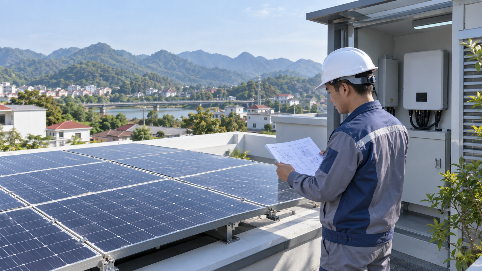 Minh họa hệ điện mặt trời trên mái nhà có cảnh quan xanh tại phường Mỹ Lâm
