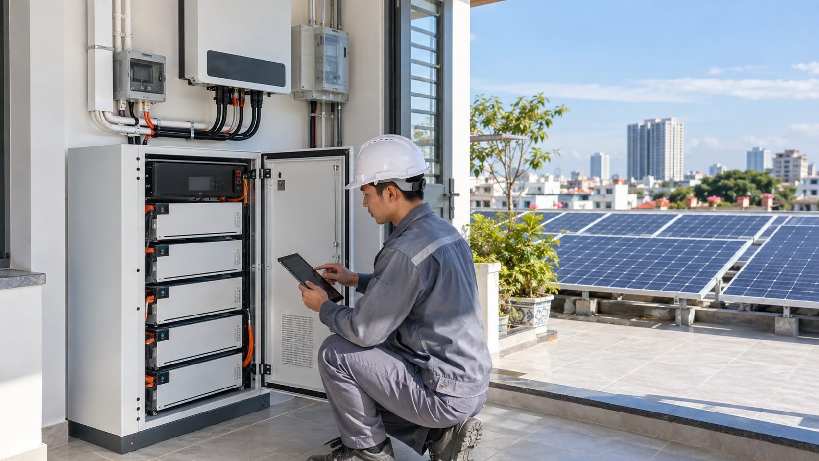 Minh họa tủ pin lưu trữ điện mặt trời kết hợp inverter