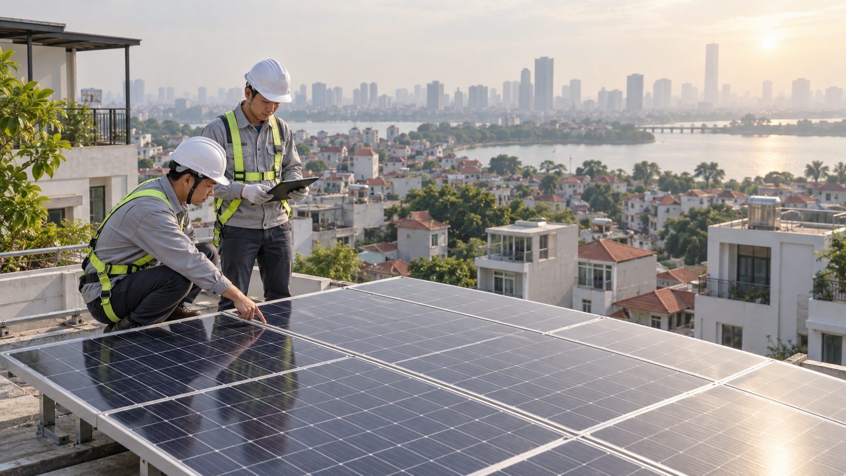 Kỹ thuật viên khảo sát hệ điện năng lượng mặt trời trên mái nhà tại Hà Nội
