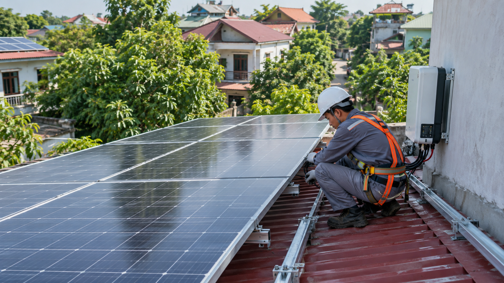 Minh họa hệ điện mặt trời trên mái tôn công trình tại phường Thống Nhất
