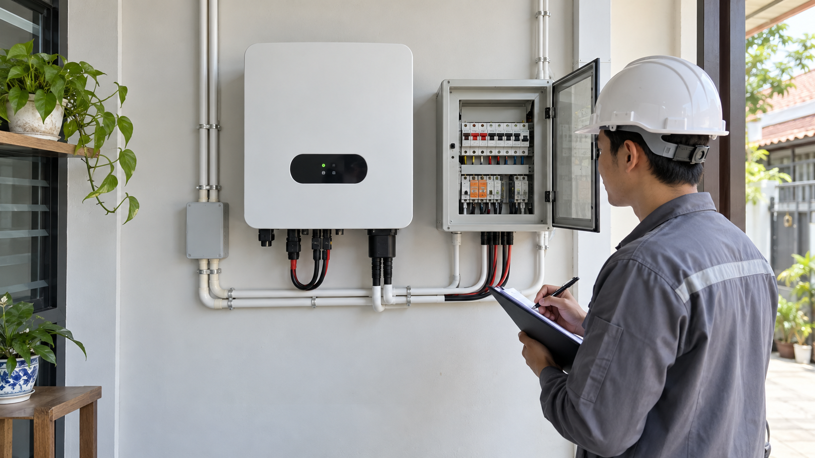 Minh họa inverter và tủ bảo vệ của hệ điện mặt trời