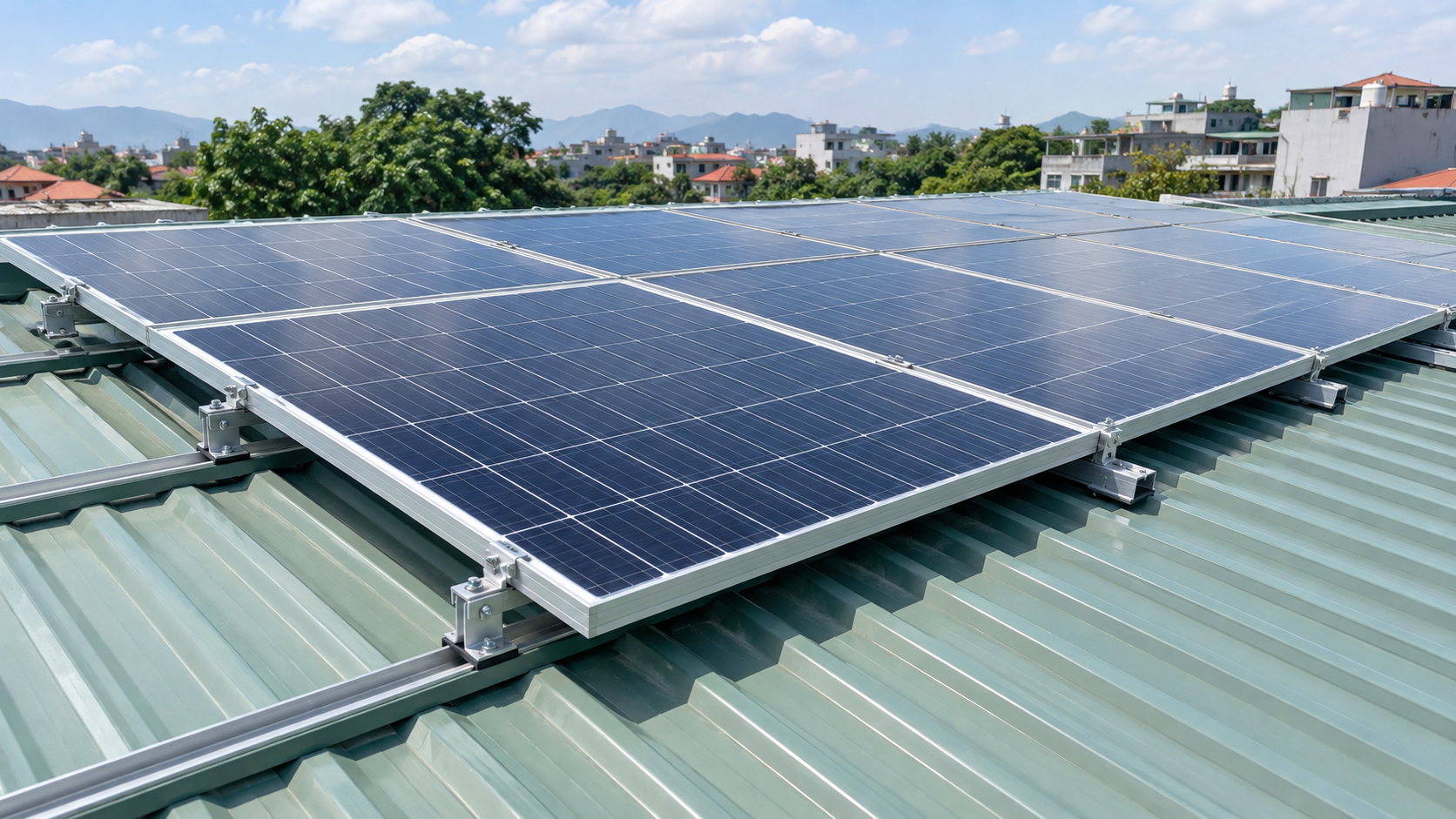Minh họa tấm pin và khung lắp đặt trên mái tôn