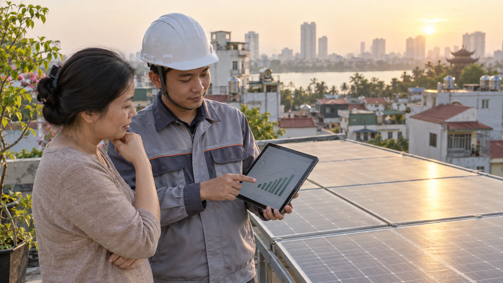 Tư vấn viên hướng dẫn theo dõi sản lượng điện mặt trời trên mái nhà tại Hà Nội