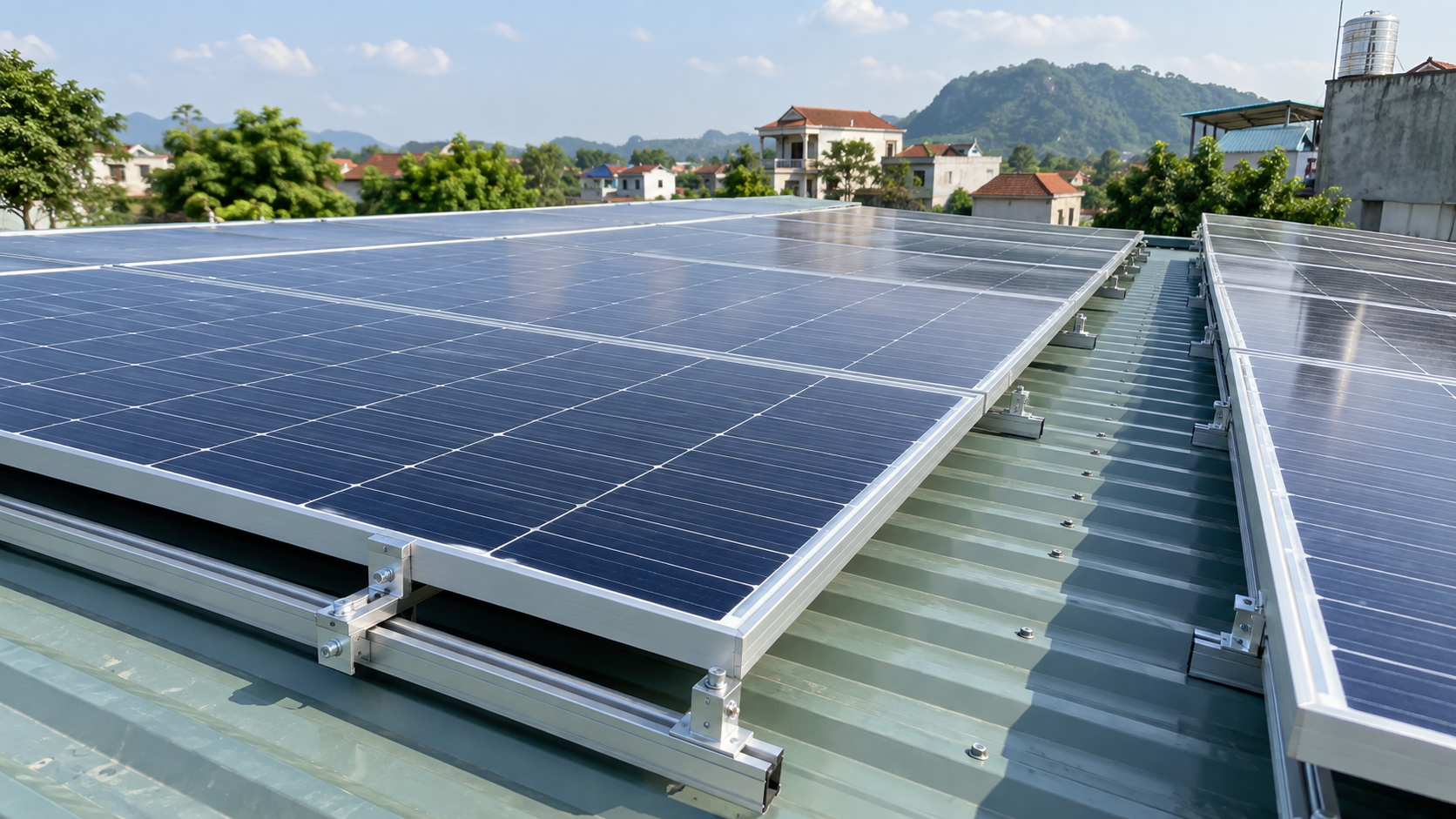 Minh họa tấm pin và khung lắp đặt trên mái tôn
