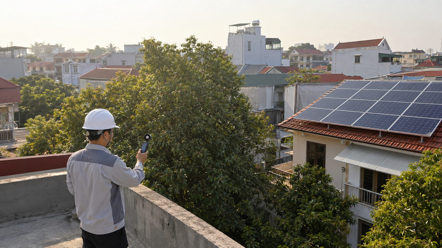 Minh họa kỹ thuật viên đánh giá bóng che cho hệ điện mặt trời tại phường Vũ Ninh
