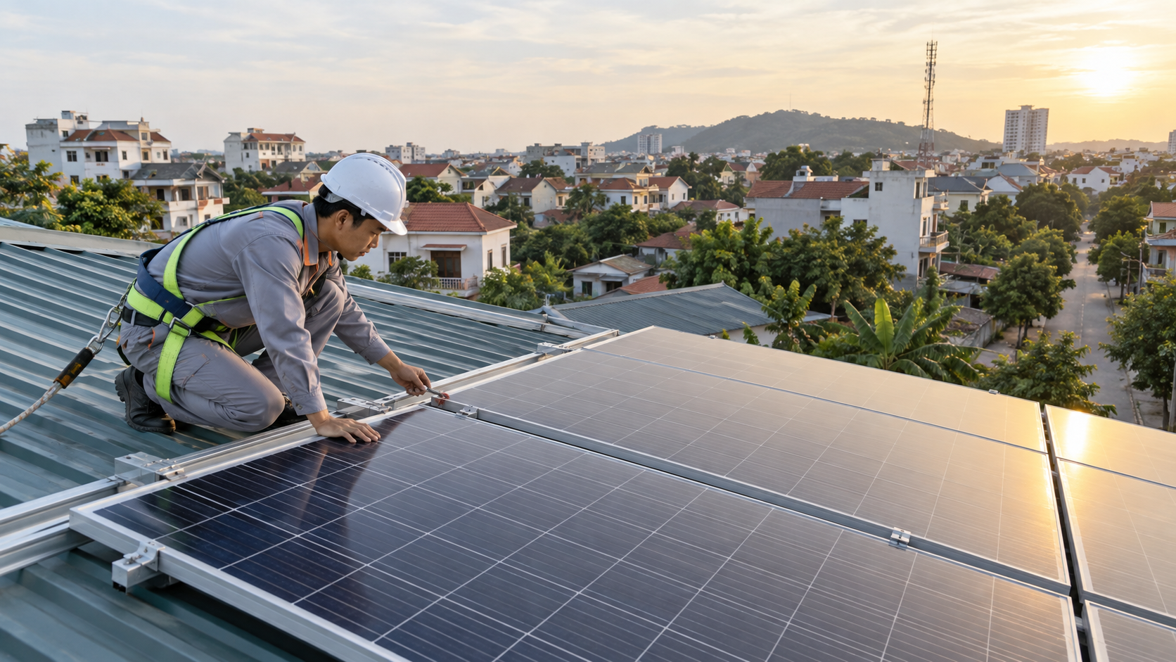 Minh họa hệ điện mặt trời trên mái tôn công trình tại phường Tân An