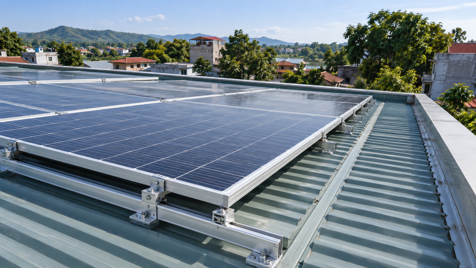 Minh họa tấm pin và khung lắp đặt trên mái tôn