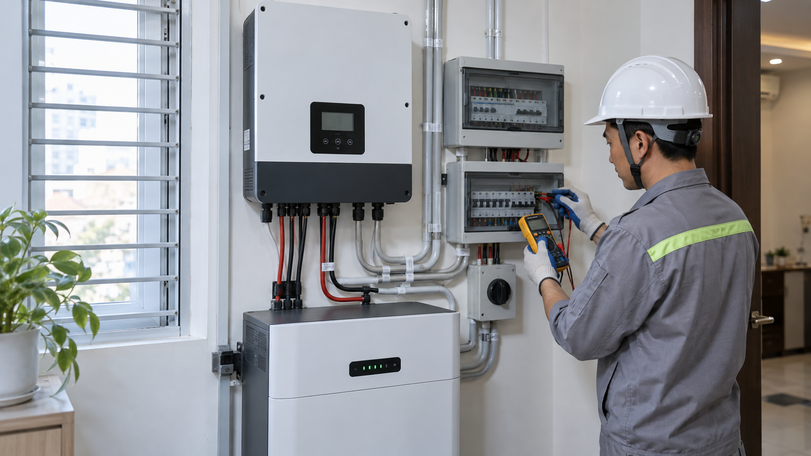 Kỹ thuật viên kiểm tra inverter và tủ điện của hệ điện mặt trời có pin lưu trữ