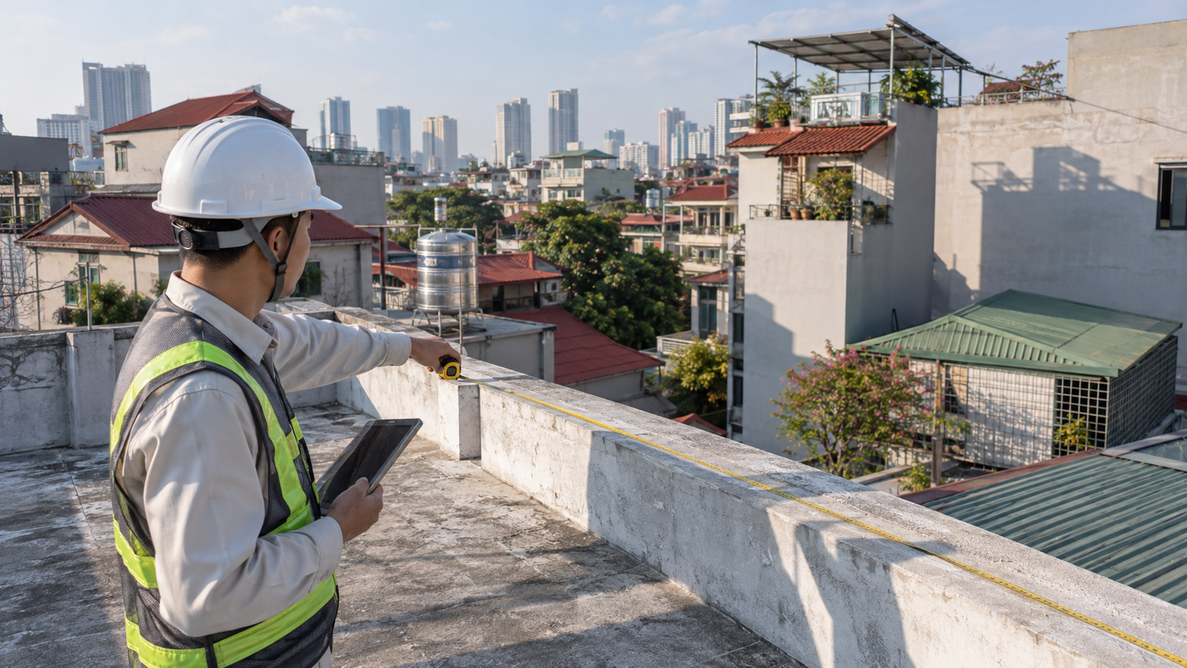 Kỹ sư đo đạc diện tích mái và đánh giá bóng che cho công trình tại Hà Nội