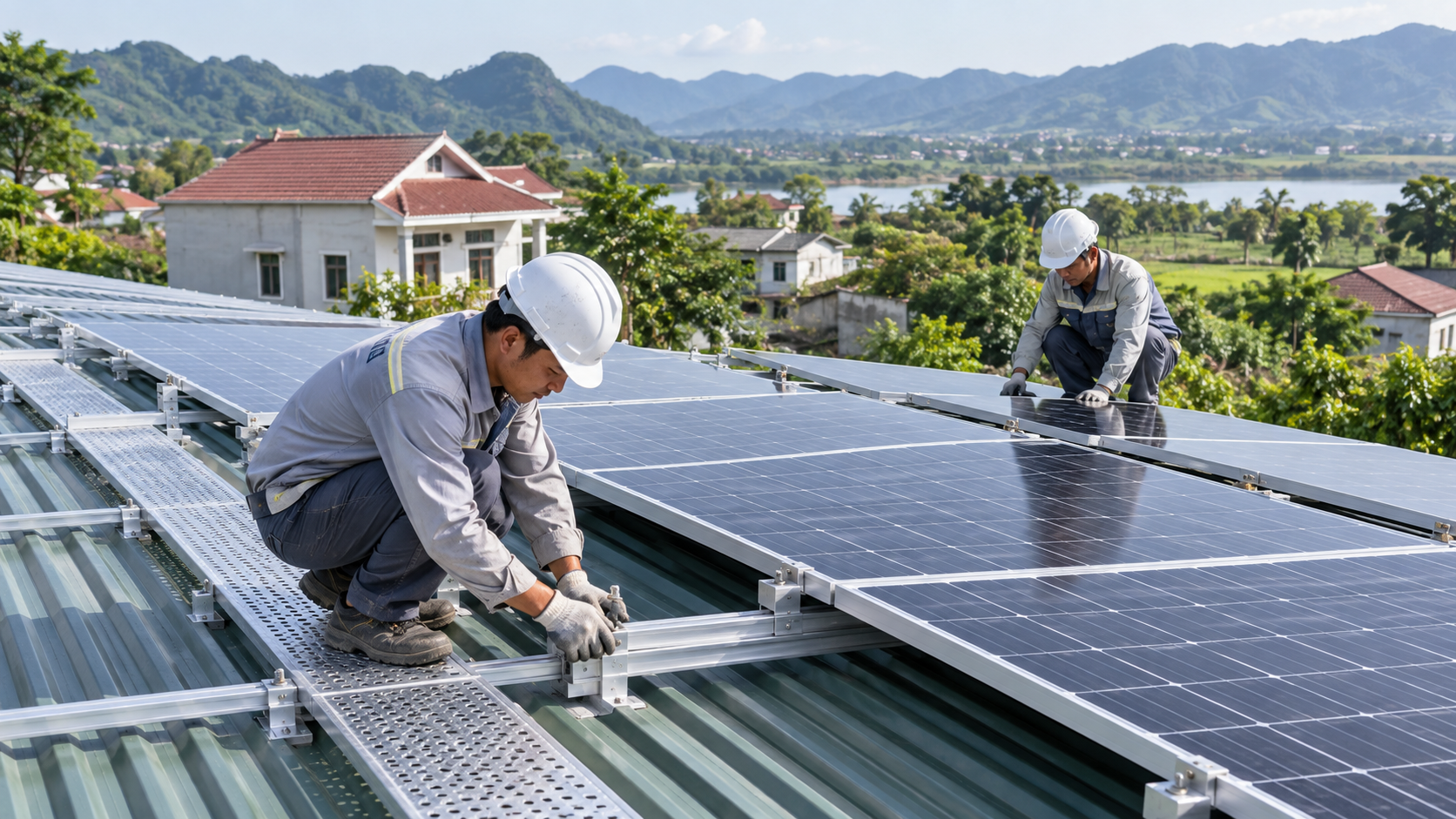 Minh họa tấm pin và khung lắp đặt trên mái tôn