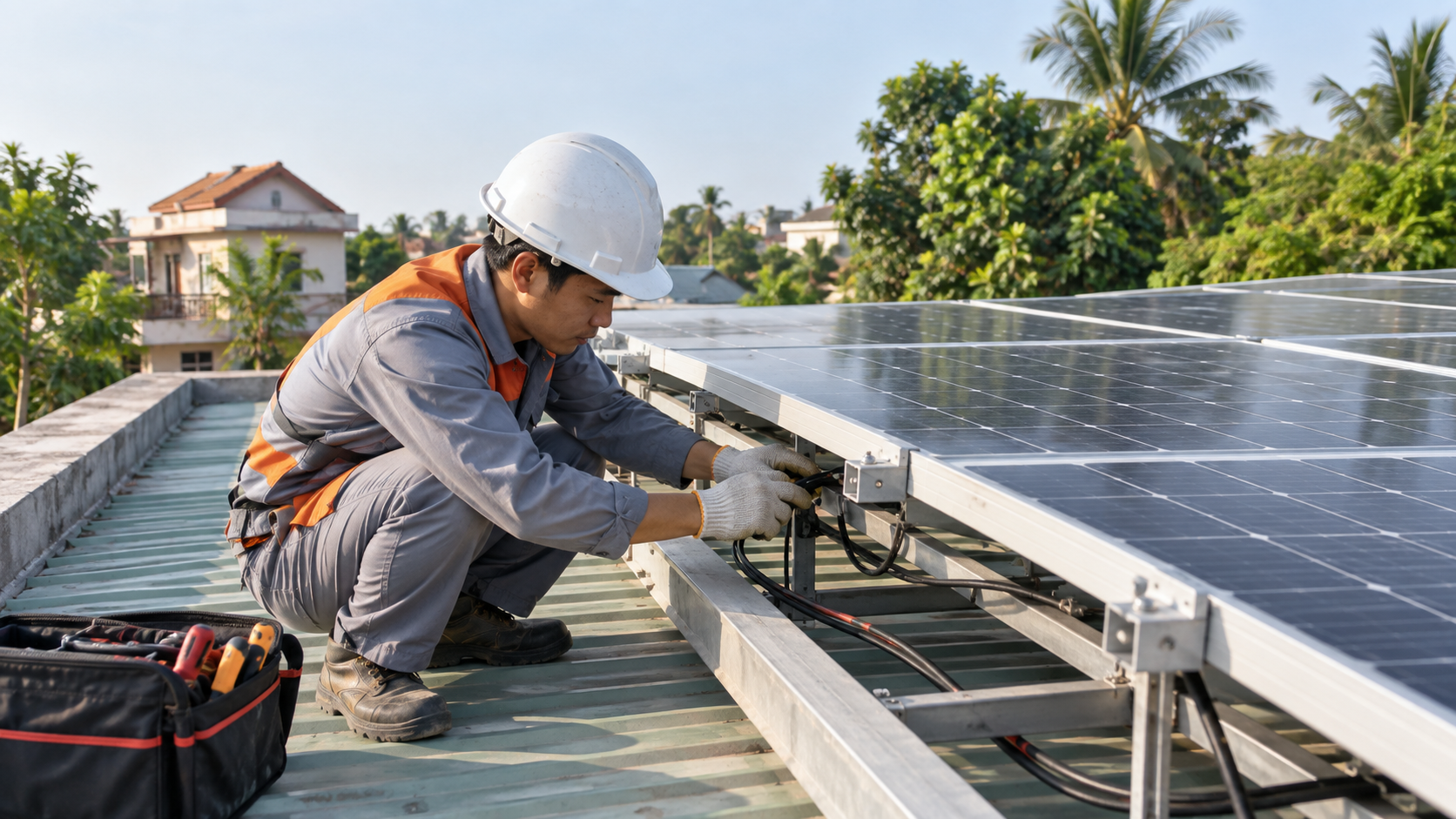 Minh họa kỹ thuật viên bảo trì hệ thống điện mặt trời trên mái