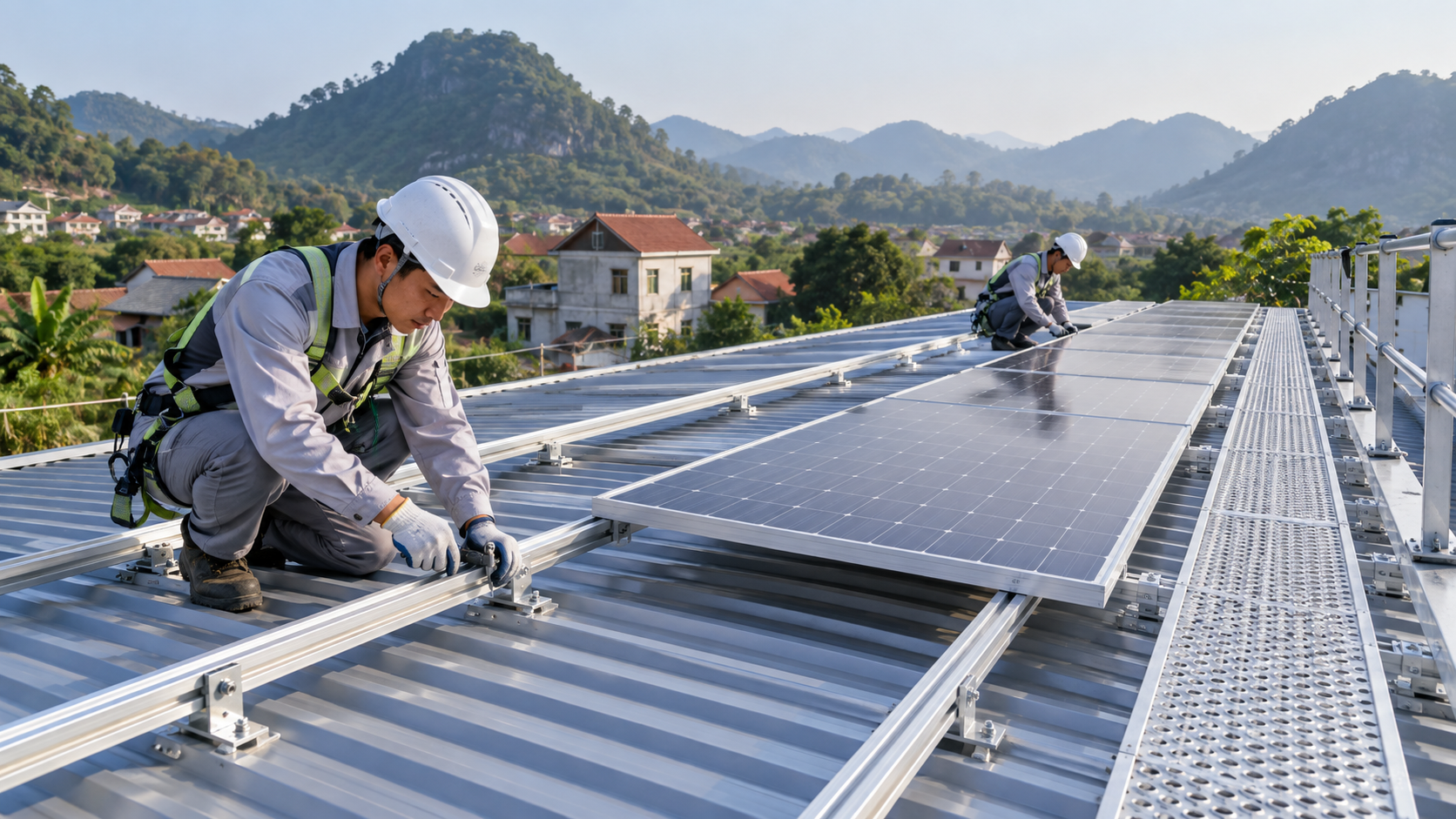 Minh họa tấm pin và khung lắp đặt trên mái tôn