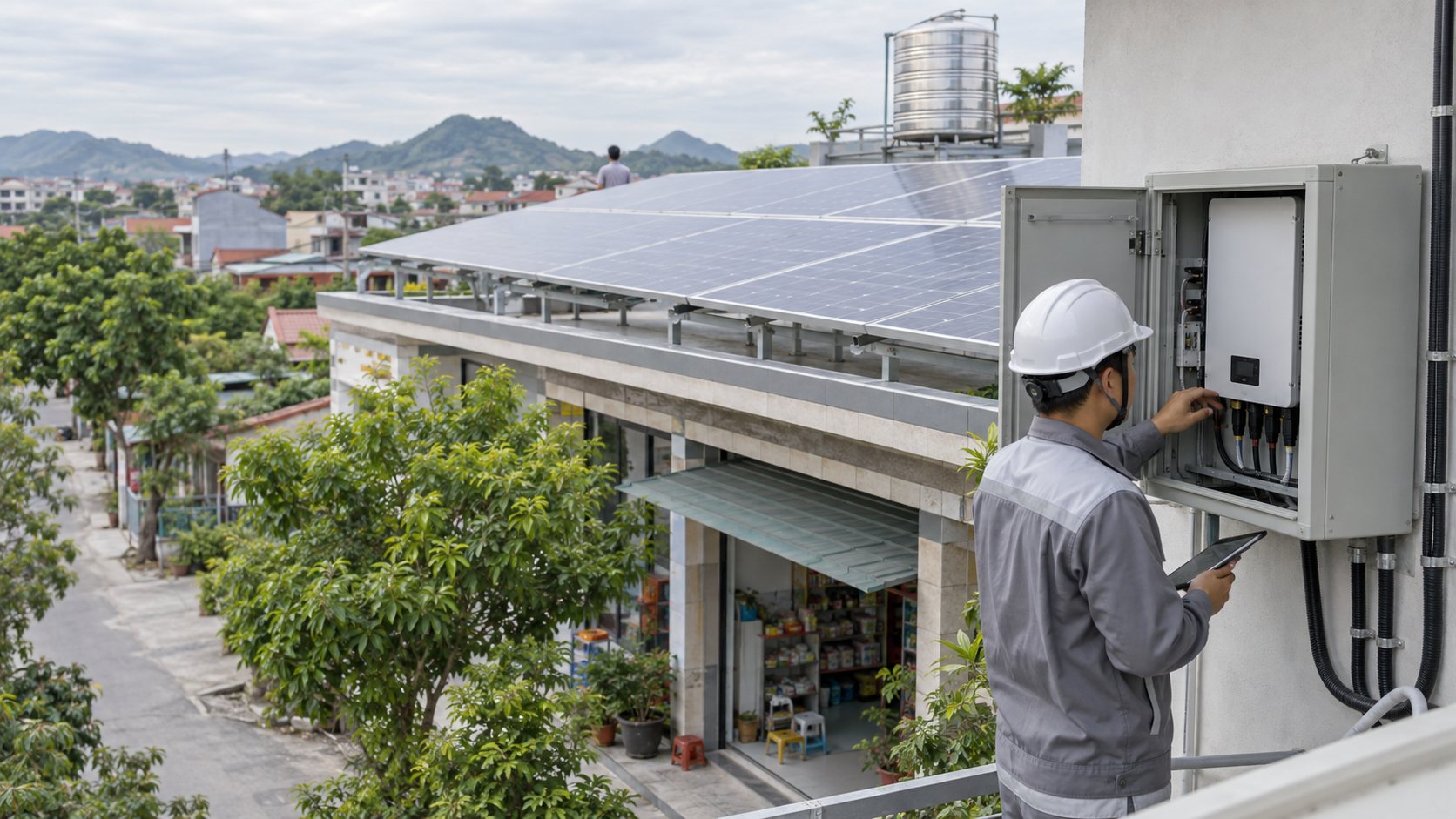 Minh họa hệ điện mặt trời mái nhà và kiểm tra inverter tại phường Tiền Phong
