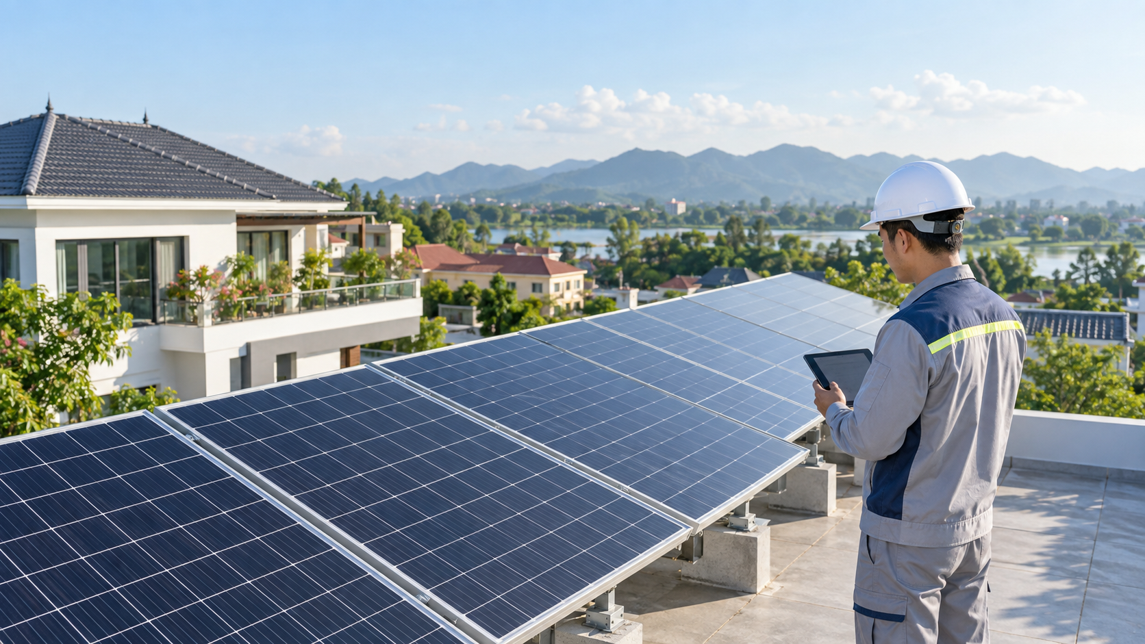 Minh họa hệ điện mặt trời trên mái nhà có cảnh quan xanh tại phường Âu Lâu