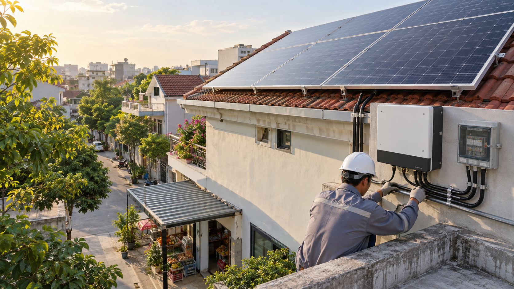 Minh họa hệ điện mặt trời mái nhà và kiểm tra inverter tại phường Võ Cường