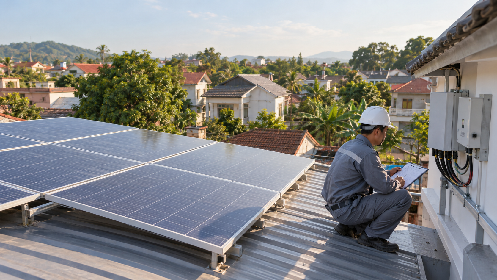 Minh họa hệ điện mặt trời mái nhà và kiểm tra inverter tại phường Thanh Miếu